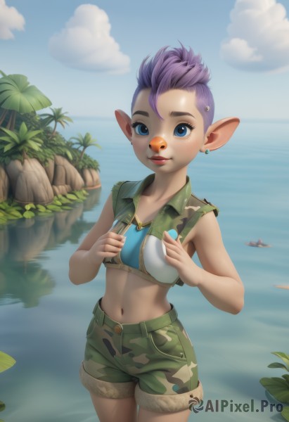 1girl,solo,breasts,looking at viewer,smile,short hair,blue eyes,navel,holding,animal ears,jewelry,standing,purple hair,cowboy shot,earrings,small breasts,outdoors,parted lips,sky,shorts,sleeveless,day,pointy ears,midriff,artist name,cloud,water,vest,tree,blue sky,lips,crop top,ocean,wading,freckles,rock,camouflage,green shorts,open vest,cropped vest,blush,shirt,bare shoulders,collarbone,teeth,necklace,stomach,bare arms,short shorts,piercing,plant,ear piercing,zipper,nose,palm tree,unzipped,watercraft,lake,mohawk,cliff