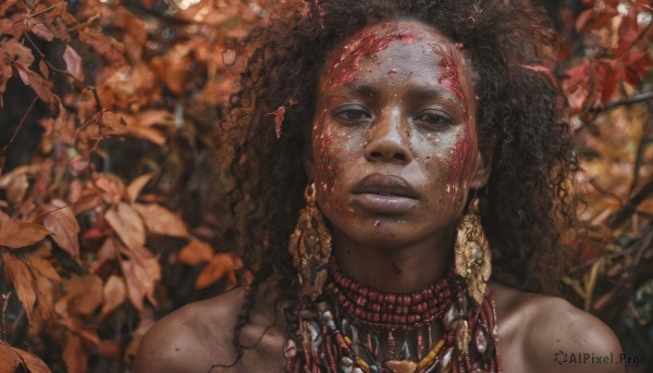 1girl,solo,long hair,looking at viewer,brown hair,black hair,bare shoulders,jewelry,upper body,earrings,parted lips,teeth,dark skin,necklace,blurry,black eyes,dark-skinned female,lips,blood,depth of field,blurry background,leaf,portrait,freckles,curly hair,blood on face,realistic,very dark skin,dreadlocks,tribal,dirty