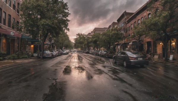 outdoors, sky, cloud, tree, dutch angle, no humans, cloudy sky, ground vehicle, building, scenery, motor vehicle, city, sign, car, road, lamppost, street