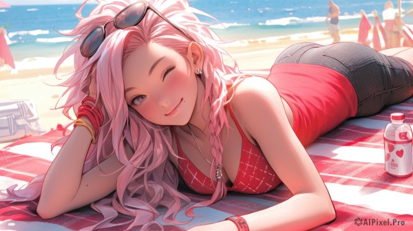 1girl,solo,long hair,breasts,looking at viewer,blush,smile,bangs,blue eyes,shirt,cleavage,bare shoulders,jewelry,medium breasts,closed mouth,collarbone,pink hair,ass,braid,heart,earrings,outdoors,lying,one eye closed,shorts,sleeveless,solo focus,day,water,necklace,nail polish,mole,bracelet,lips,grey eyes,short shorts,single braid,makeup,ocean,umbrella,beach,black shorts,sunglasses,tank top,bottle,denim,on stomach,lipstick,towel,wristband,red shirt,eyewear on head,side braid,camisole,denim shorts,;),pink lips,sand,bangle,stud earrings,shade,beach umbrella,mascara,beach towel,lounge chair,multiple girls,swimsuit,dark skin,mole under eye,messy hair,mole under mouth,hand in own hair,mole on breast,horizon,people