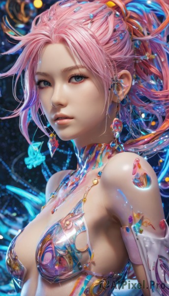 1girl,solo,long hair,breasts,looking at viewer,blue eyes,hair ornament,cleavage,bare shoulders,jewelry,medium breasts,swimsuit,upper body,ponytail,pink hair,bikini,earrings,parted lips,teeth,shiny,lips,gem,revealing clothes,science fiction,realistic,nose,bikini armor,bangs,multicolored hair,small breasts,artist name,nail polish,armor,from side,eyelashes,gradient hair,watermark,armlet,fish