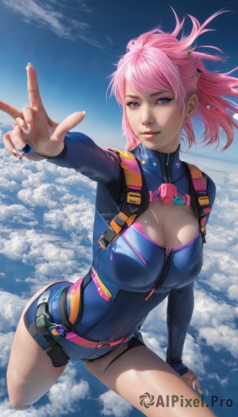 1girl,solo,breasts,looking at viewer,smile,short hair,bangs,blue eyes,large breasts,hair ornament,long sleeves,cleavage,medium breasts,pink hair,thighs,parted lips,sky,day,belt,cloud,nail polish,leotard,blue sky,lips,fingernails,clothing cutout,bodysuit,makeup,leaning forward,floating hair,swept bangs,cleavage cutout,outstretched arm,skin tight,pink nails,zipper,flying,legs apart,pink lips,realistic,nose,blue leotard,mascara,artist name,cloudy sky,reaching towards viewer,strap,harness