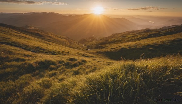 outdoors,sky,day,cloud,tree,no humans,bird,sunlight,grass,nature,scenery,sunset,mountain,sun,horizon,field,landscape,mountainous horizon,hill,cloudy sky