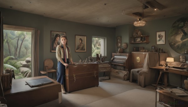 1girl,solo,long hair,skirt,brown hair,shirt,long sleeves,brown eyes,standing,white shirt,necktie,collared shirt,indoors,blue skirt,book,window,bed,chair,table,plant,red necktie,instrument,box,scenery,couch,desk,long skirt,paper,clock,lamp,photo (object),wide shot,book stack,picture frame,suitcase,painting (object),drawer,picture (object),office,phonograph,portrait (object),hat,signature,tree,suspenders,mirror,realistic,globe,telescope