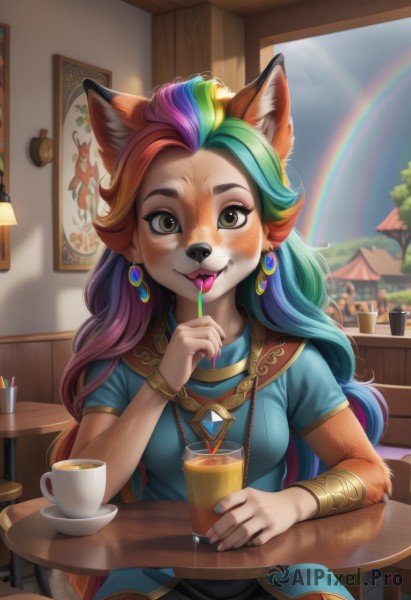 1girl,solo,long hair,breasts,looking at viewer,blush,smile,shirt,dress,holding,animal ears,brown eyes,jewelry,medium breasts,sitting,green eyes,blue hair,purple hair,short sleeves,multicolored hair,earrings,food,green hair,day,tongue,artist name,indoors,signature,tongue out,necklace,nail polish,orange hair,bracelet,two-tone hair,tree,cup,streaked hair,fingernails,fox ears,watermark,chair,table,thick eyebrows,gem,holding cup,furry,blue nails,freckles,drinking straw,drink,furry female,body fur,rainbow,animal nose,snout,brown fur,painting (object),two-tone fur,wooden table,rainbow hair,pov across table,bangs,yellow eyes,upper body,pink hair,red hair,animal ear fluff,blue shirt,teacup,saucer