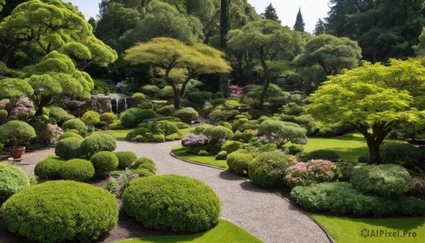 flower,outdoors,day,water,tree,no humans,grass,plant,cherry blossoms,nature,scenery,forest,road,bush,river,landscape,path,pond,sky,traditional media,rock,potted plant,waterfall