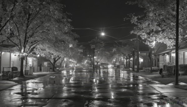 monochrome,greyscale,outdoors,sky,water,tree,no humans,night,chair,ground vehicle,building,night sky,scenery,reflection,road,bench,power lines,lamppost,street,bicycle,utility pole,window,plant,motor vehicle,rain,sign,dark,vending machine,bus stop