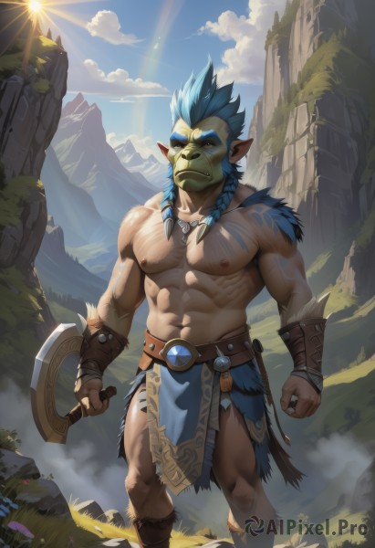 solo,looking at viewer,1boy,navel,holding,jewelry,nipples,blue hair,standing,weapon,braid,male focus,thighs,boots,outdoors,sky,day,pointy ears,belt,sword,cloud,necklace,stomach,holding weapon,twin braids,tree,tattoo,muscular,feet out of frame,colored skin,facial hair,scar,abs,sunlight,thick eyebrows,pectorals,muscular male,spiked hair,bara,pelvic curtain,beard,large pectorals,topless male,mountain,mature male,sun,axe,green skin,bare pectorals,loincloth,holding axe,orc,tusks,tooth necklace,fang,blue sky,frown,thick thighs,cloudy sky,grass,gauntlets,furry,shield,furry male,manly,leather,chest hair,biceps,navel hair,mountainous horizon,cliff,thick arms,leather belt