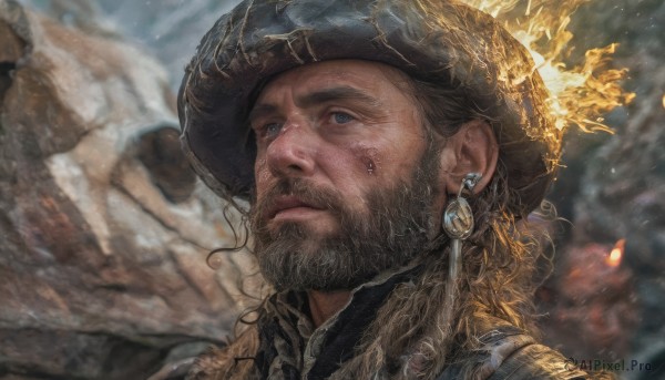 solo,blue eyes,brown hair,1boy,hat,jewelry,closed mouth,male focus,earrings,outdoors,blurry,blurry background,facial hair,fire,looking up,portrait,beard,realistic,mustache,manly,cowboy hat,long hair,lips,black headwear,looking away,nose,bandana,brown headwear,looking afar