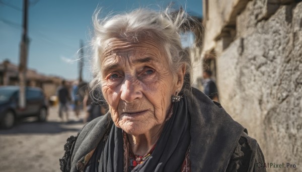 1girl,solo,looking at viewer,blue eyes,1boy,jewelry,closed mouth,upper body,white hair,grey hair,male focus,earrings,outdoors,sky,solo focus,day,necklace,blurry,blue sky,depth of field,blurry background,facial hair,ground vehicle,messy hair,portrait,motor vehicle,realistic,car,old,old man,old woman,wrinkled skin,smile,grey eyes