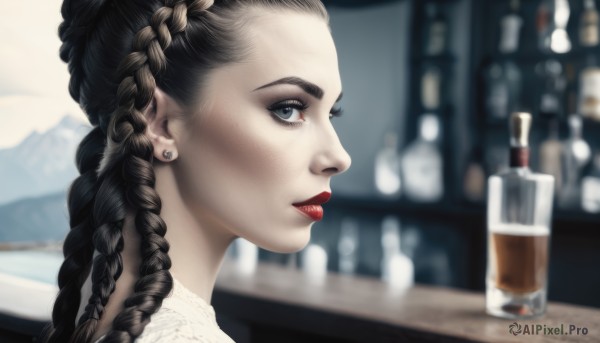 1girl,solo,long hair,looking at viewer,blue eyes,brown hair,black hair,jewelry,braid,earrings,indoors,blurry,twin braids,from side,lips,profile,makeup,depth of field,blurry background,bottle,lipstick,portrait,alcohol,freckles,realistic,nose,red lips,stud earrings,wine bottle,bar (place),multiple braids,grey eyes,eyelashes,eyeshadow,mascara