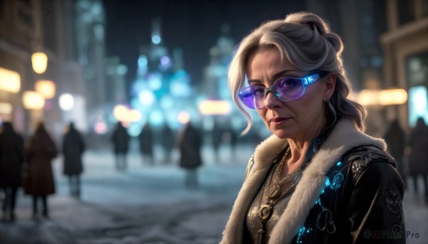 HQ,1girl,solo,long hair,looking at viewer,jewelry,upper body,white hair,grey hair,earrings,outdoors,glasses,solo focus,necklace,blurry,lips,coat,fur trim,night,depth of field,blurry background,single hair bun,sunglasses,city,realistic,nose,round eyewear,tinted eyewear,old,crowd,city lights,old woman,purple-tinted eyewear,blue eyes,jacket,artist name,signature,makeup,glowing,backlighting,fur collar,stud earrings,bokeh,aviator sunglasses