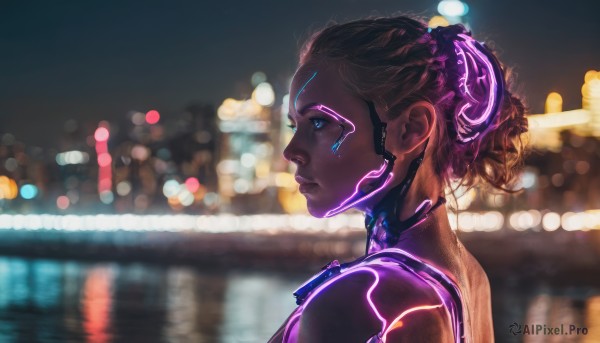 1girl, solo, blue eyes, upper body, dark skin, blurry, from side, dark-skinned female, lips, profile, blurry background, science fiction, realistic, nose, android, cyborg, cyberpunk