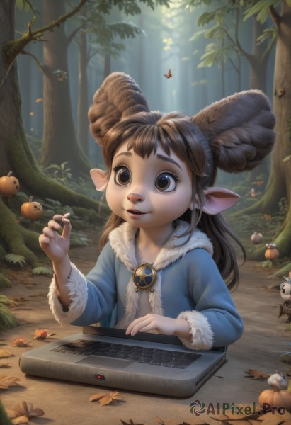 1girl,solo,long hair,smile,bangs,brown hair,long sleeves,animal ears,brown eyes,jewelry,upper body,outdoors,horns,day,pointy ears,artist name,tree,coat,fur trim,leaf,sunlight,bug,brooch,butterfly,nature,forest,autumn leaves,computer,mushroom,sheep horns,laptop,blue coat,autumn,sheep ears,sheep girl,acorn,parted lips,teeth,lips,watermark,child,web address,nose