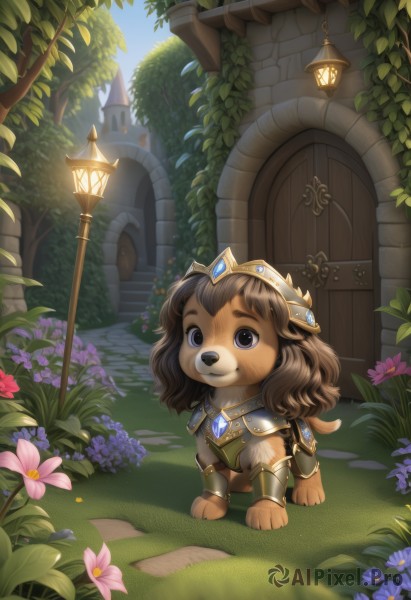 1girl,solo,looking at viewer,smile,brown hair,jewelry,closed mouth,standing,flower,outdoors,sky,day,necklace,armor,black eyes,tree,no humans,animal,grass,crown,plant,shoulder armor,building,gem,furry,pink flower,dog,fantasy,door,purple flower,lamp,house,lamppost,path,short hair,bangs,blue eyes,hair ornament,animal ears,tail,full body,capelet,:3,tiara,dog ears,dog tail,stairs,furry female,dog girl,bush,brown fur,arch