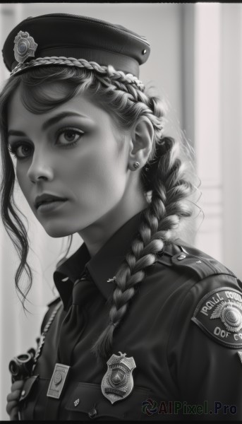 1girl,solo,long hair,looking at viewer,shirt,hat,jewelry,closed mouth,monochrome,upper body,braid,greyscale,earrings,necktie,collared shirt,artist name,blurry,uniform,lips,gun,eyelashes,military uniform,spot color,realistic,stud earrings,badge,police,police uniform,policewoman,police hat,bangs,signature,military,blurry background,hair over shoulder,epaulettes,military hat,nose,military jacket,medal