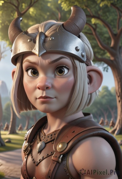 1girl,solo,breasts,looking at viewer,smile,short hair,blonde hair,cleavage,brown eyes,jewelry,closed mouth,upper body,small breasts,outdoors,horns,solo focus,day,necklace,armor,blurry,tree,lips,blurry background,helmet,nature,freckles,realistic,fake horns,brown hair,nose,horned helmet