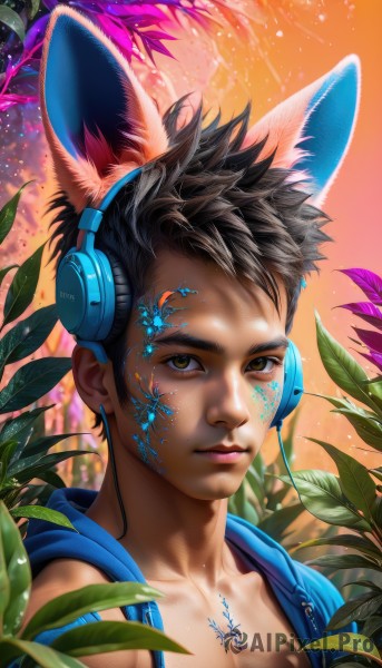 solo,looking at viewer,short hair,brown hair,black hair,1boy,animal ears,brown eyes,closed mouth,collarbone,upper body,male focus,outdoors,artist name,cat ears,hood,rabbit ears,lips,fox ears,hoodie,tattoo,fake animal ears,headphones,leaf,facial mark,hood down,plant,portrait,nose,animal ear headphones,sleeveless hoodie,sky,signature,vest,spiked hair,realistic,facepaint,male child,cat ear headphones