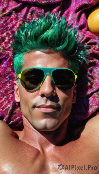 solo,looking at viewer,smile,short hair,1boy,male focus,lying,parted lips,green hair,shiny,lips,aqua hair,facial hair,sunglasses,portrait,topless male,realistic,closed mouth,collarbone,on back,pink background,freckles