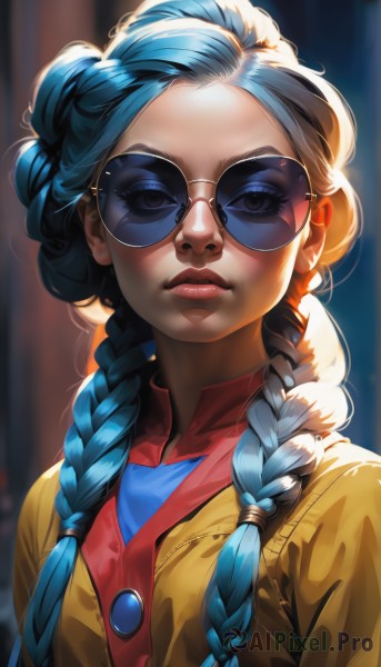 1girl,solo,long hair,looking at viewer,bangs,shirt,twintails,brown eyes,closed mouth,blue hair,jacket,upper body,braid,multicolored hair,open clothes,glasses,collared shirt,artist name,blurry,twin braids,open jacket,lips,eyelashes,makeup,blurry background,sunglasses,blue shirt,lipstick,red shirt,hair over shoulder,web address,forehead,nose,round eyewear,red lips,tinted eyewear,blue eyes,vest,portrait,backlighting,realistic,red vest