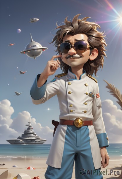 solo,smile,brown hair,1boy,standing,weapon,male focus,outdoors,sky,day,belt,pants,cloud,water,uniform,blue sky,gun,military,military uniform,buttons,facial hair,ocean,beach,sunglasses,beard,lens flare,aircraft,mustache,sand,sun,blue pants,military vehicle,airplane,watercraft,ship,spacecraft,looking at viewer,long sleeves,teeth,artist name,hand up,medium hair,watermark,sunlight,holster,male child