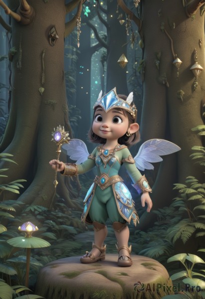 1girl,solo,smile,short hair,brown hair,long sleeves,holding,brown eyes,jewelry,closed mouth,standing,full body,earrings,boots,outdoors,wings,horns,artist name,tree,bodysuit,grass,tiara,crown,gem,child,nature,forest,wand,fairy wings,fairy,mushroom,tree stump,dress,pointy ears,lips,leaf