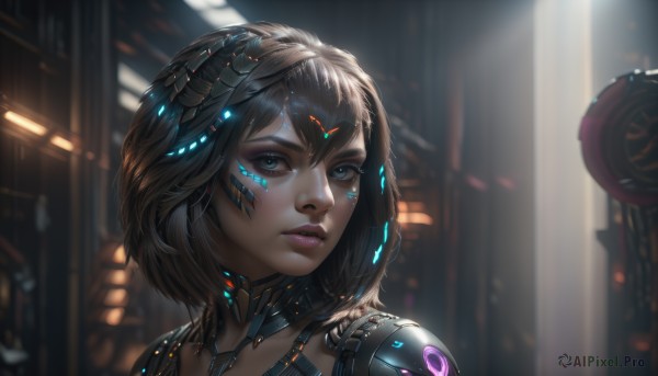 1girl,solo,looking at viewer,short hair,bangs,blue eyes,brown hair,black hair,upper body,parted lips,blurry,lips,grey eyes,eyelashes,makeup,blurry background,headgear,building,portrait,science fiction,realistic,nose,android,cyborg,cyberpunk,hair ornament,depth of field,glowing,facial mark,close-up,eyeshadow,eyeliner,facepaint