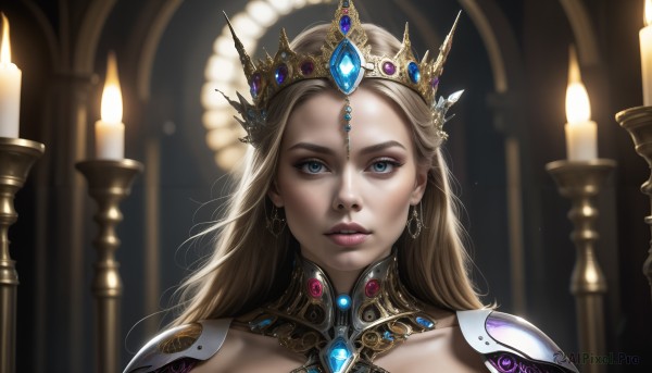 HQ,1girl,solo,long hair,looking at viewer,blue eyes,blonde hair,jewelry,closed mouth,collarbone,earrings,parted lips,indoors,armor,blurry,lips,makeup,depth of field,blurry background,tiara,crown,shoulder armor,gem,portrait,realistic,nose,red lips,candle,straight-on