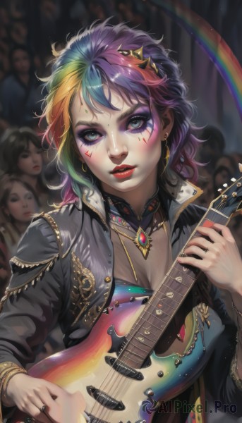 1girl,long hair,breasts,looking at viewer,short hair,bangs,blue eyes,multiple girls,blonde hair,large breasts,hair ornament,long sleeves,holding,cleavage,jewelry,medium breasts,blue hair,jacket,upper body,pink hair,purple hair,multicolored hair,earrings,parted lips,open clothes,solo focus,choker,artist name,signature,necklace,star (symbol),nail polish,blurry,bracelet,two-tone hair,open jacket,lips,streaked hair,black jacket,fingernails,eyelashes,gradient hair,makeup,depth of field,blurry background,facial mark,piercing,ring,lipstick,gem,instrument,pendant,eyeshadow,star hair ornament,pink lips,multicolored eyes,nose,music,guitar,red lips,eyeliner,facepaint,leather,playing instrument,rainbow,holding instrument,electric guitar,crowd,leather jacket,mascara,thumb ring,plectrum,lute (instrument),rainbow hair,solo,purple eyes,green hair,teeth,collar,watermark,web address,realistic,lip piercing,eyebrow piercing