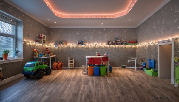 indoors,cup,no humans,window,chair,table,bottle,plant,ground vehicle,box,scenery,motor vehicle,rain,wooden floor,door,car,potted plant,light,bucket,lamp,stool,shelf,trash can,ladder,flower pot,reflective floor,truck,night,building,bench,skateboard