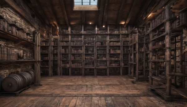 day,indoors,book,no humans,window,chair,sunlight,scenery,light rays,wooden floor,stairs,bookshelf,candle,shelf,library,ceiling,ladder,chandelier,sky,table,railing,barrel,wood