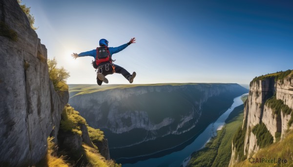 solo,long sleeves,1boy,hat,jacket,male focus,outdoors,sky,shoes,day,pants,cloud,hood,water,bag,from behind,tree,blue sky,brown footwear,black pants,backpack,grass,outstretched arms,blue jacket,nature,scenery,rock,jumping,mountain,spread arms,wide shot,landscape,cliff,gloves,boots,ocean,floating,horizon,beanie,lake,midair,brown bag