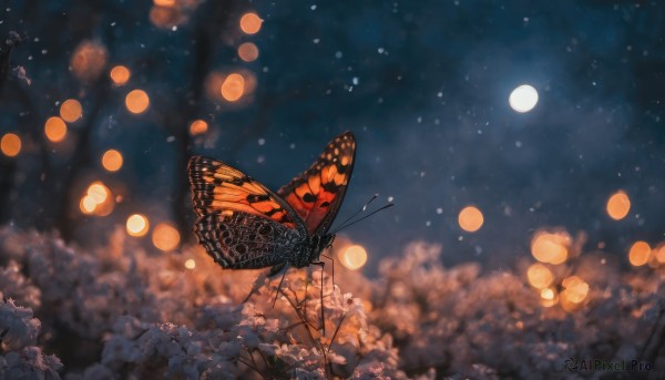 1girl, solo, flower, outdoors, wings, sky, cloud, blurry, tree, night, depth of field, moon, bug, butterfly, star (sky), night sky, scenery, full moon, starry sky, lantern, paper lantern, butterfly wings