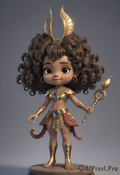 1girl,solo,long hair,looking at viewer,brown hair,hair ornament,navel,holding,brown eyes,jewelry,standing,full body,earrings,midriff,dark skin,grey background,necklace,chibi,nail polish,armor,bracelet,dark-skinned female,lips,fingernails,sandals,feathers,staff,black nails,curly hair,hoop earrings,bracer,big hair,loincloth,faux figurine,breasts,skirt,simple background,small breasts,artist name,watermark,holding staff