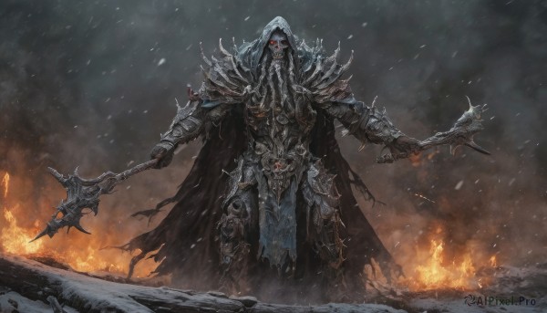 solo,looking at viewer,red eyes,1boy,holding,standing,weapon,male focus,outdoors,hood,cape,holding weapon,armor,torn clothes,mask,glowing,helmet,fire,staff,shoulder armor,gauntlets,glowing eyes,pelvic curtain,snow,1other,spikes,hood up,dual wielding,pauldrons,skull,breastplate,snowing,axe,greaves,full armor,ambiguous gender,holding axe,embers,torn cape,undead,gloves,black gloves,chain,holding staff,glowing eye,flame,mace