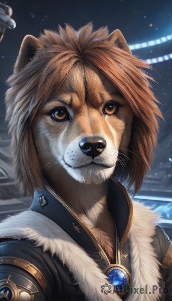 1girl,solo,looking at viewer,short hair,brown hair,1boy,animal ears,brown eyes,jewelry,upper body,male focus,artist name,signature,fur trim,animal,brooch,gem,portrait,furry,fur collar,realistic,furry female,furry male,fur,animal nose,whiskers,snout,closed mouth,jacket,necklace