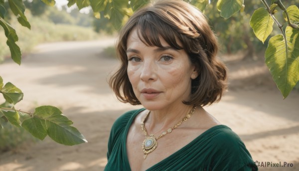 1girl,solo,looking at viewer,short hair,bangs,brown hair,shirt,brown eyes,jewelry,closed mouth,collarbone,upper body,outdoors,day,necklace,blurry,lips,depth of field,blurry background,leaf,sunlight,pendant,freckles,green dress,realistic,nose,green shirt,dappled sunlight,dress,braid,earrings,parted lips,plant,gem,portrait