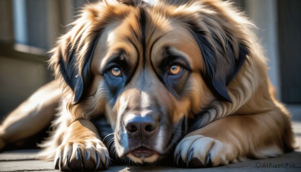 HQ,solo,looking at viewer,brown eyes,closed mouth,lying,indoors,blurry,orange eyes,no humans,blurry background,animal,cat,on stomach,claws,dog,realistic,animal focus,whiskers,lion,artist name,signature,depth of field,watermark,web address,puppy