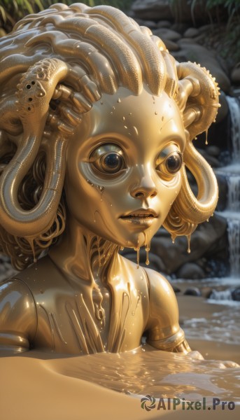 1girl,solo,upper body,outdoors,parted lips,teeth,water,blurry,lips,wet,blurry background,colored skin,monster girl,tentacles,1other,partially submerged,tentacle hair,dripping,slime (substance),brown eyes,nude,shiny,shiny skin,science fiction,curly hair,rock,gold,waterfall,statue,alien,melting,dreadlocks,cracked skin,yellow skin