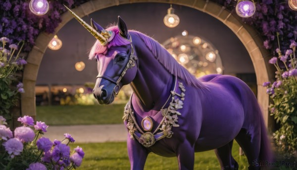 solo,jewelry,flower,outdoors,horns,indoors,blurry,from side,dutch angle,no humans,depth of field,blurry background,grass,plant,gem,single horn,purple flower,animal focus,horse,unicorn,artist name,signature,glowing,animal,watermark,1other,name connection