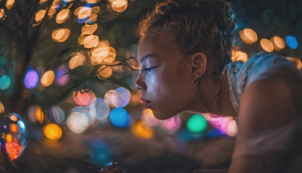 1girl, solo, blue eyes, brown hair, jewelry, upper body, earrings, dark skin, blurry, from side, dark-skinned female, lips, profile, depth of field, blurry background, half-closed eyes, realistic, nose