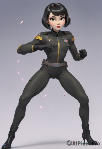 1girl,solo,breasts,looking at viewer,smile,short hair,bangs,simple background,black hair,gloves,long sleeves,brown eyes,closed mouth,standing,jacket,full body,hairband,boots,black gloves,belt,pants,artist name,black footwear,uniform,high heels,lips,gradient,military,bodysuit,military uniform,makeup,bob cut,lipstick,clenched hands,zipper,high heel boots,legs apart,pouch,fighting stance,black bodysuit,red lips,small breasts,black eyes