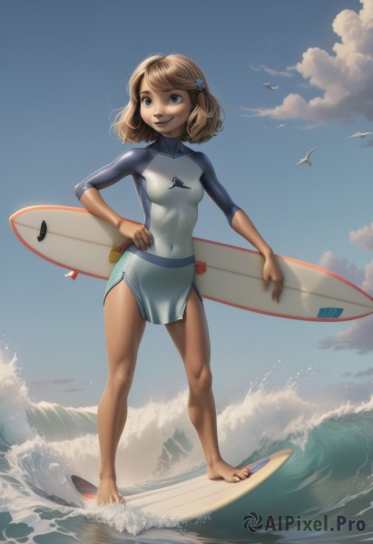 1girl,solo,breasts,smile,short hair,bangs,blue eyes,blonde hair,brown hair,hair ornament,dress,holding,standing,swimsuit,full body,small breasts,outdoors,sky,barefoot,day,cloud,water,blue sky,lips,hand on hip,looking to the side,bodysuit,covered navel,bird,ocean,skin tight,watercraft,looking afar,waves,boat,seagull,surfboard,wetsuit,behind back,beach