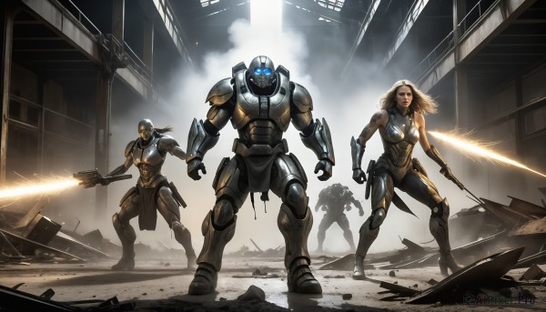 HQ,1girl,long hair,blue eyes,blonde hair,holding,standing,weapon,multiple boys,sword,2boys,holding weapon,armor,gun,bodysuit,glowing,holding sword,helmet,robot,building,mecha,science fiction,dual wielding,breastplate,realistic,battle,cyborg,alien,power armor,energy sword,dust,power suit,arm blade,lightsaber,glowing eyes,ruins,firing,debris,destruction,laser