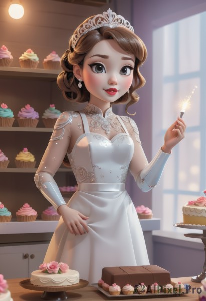 1girl,solo,breasts,looking at viewer,smile,brown hair,dress,holding,jewelry,earrings,small breasts,parted lips,food,indoors,white dress,blurry,apron,lips,see-through,grey eyes,window,makeup,tiara,lipstick,cake,red lips,candle,cupcake,dessert,blush,short hair,long sleeves,cleavage,hand up,black eyes,blurry background,long dress,fireworks,sparkler