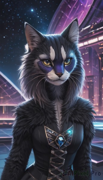 1girl,solo,breasts,looking at viewer,long sleeves,animal ears,jewelry,medium breasts,closed mouth,yellow eyes,upper body,outdoors,sky,artist name,cat ears,fur trim,night,animal,cat,slit pupils,brooch,gem,star (sky),night sky,corset,furry,starry sky,colored sclera,fur collar,furry female,body fur,yellow sclera,whiskers,black fur,no humans,building,city,animal focus,grey fur