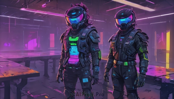 looking at viewer,multiple girls,gloves,2girls,standing,jacket,male focus,multiple boys,open clothes,black gloves,pants,indoors,2boys,armor,vest,black jacket,mask,glowing,black pants,table,helmet,glowing eyes,science fiction,arms at sides,open hands,bodysuit,adapted costume