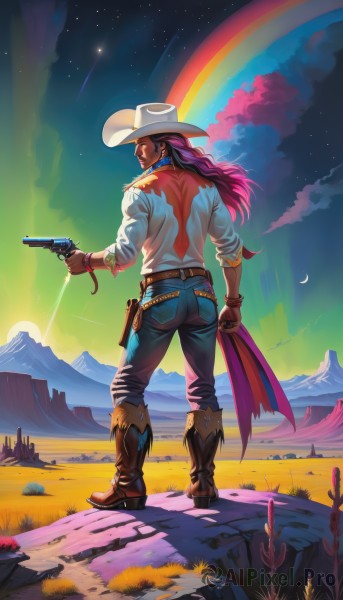 1girl,solo,long hair,shirt,hat,holding,jewelry,standing,full body,weapon,pink hair,purple hair,ass,earrings,boots,outdoors,sky,belt,looking back,pants,cloud,dark skin,from behind,star (symbol),scarf,holding weapon,high heels,bracelet,dark-skinned female,lips,gun,tattoo,night,brown footwear,moon,knee boots,denim,star (sky),holding gun,handgun,high heel boots,starry sky,jeans,rock,mountain,blue pants,holster,crescent moon,rainbow,fringe trim,cowboy hat,revolver,shooting star,desert,dreadlocks,cowboy western,holstered weapon,cactus,cowboy boots,looking at viewer,black hair,gloves,1boy,white shirt,male focus,collared shirt,shadow,facial hair,white headwear,black pants,dark-skinned male,grass,night sky,beard,sleeves rolled up,sunset,sun,planted,mountainous horizon,sunrise,chaps