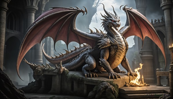 HQ,open mouth,red eyes,tail,outdoors,wings,horns,sky,teeth,cloud,no humans,glowing,fangs,cloudy sky,fire,sharp teeth,claws,monster,fantasy,dragon,scales,ruins,pillar,flame,dragon wings,column,breathing fire,scenery,statue