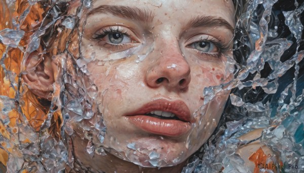 1girl,solo,long hair,looking at viewer,open mouth,brown hair,jewelry,parted lips,teeth,tongue,water,orange hair,black eyes,lips,grey eyes,eyelashes,upper teeth only,portrait,close-up,freckles,ice,realistic,nose,short hair,water drop,glass